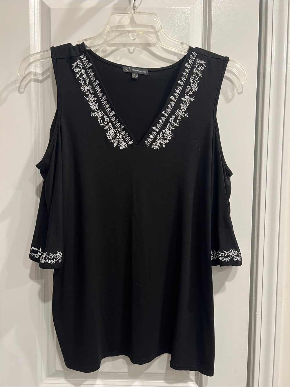 Adrianna Papell Black V-Neck Cold-Shoulder Top with White Floral Embroidery
